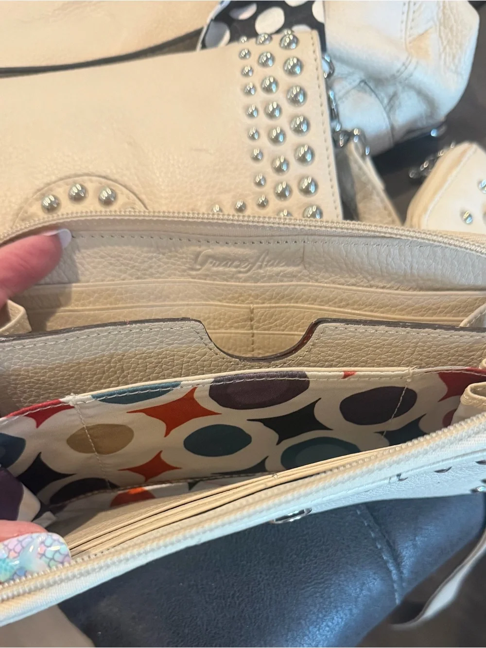 Grace Adele Cream Leather Studded Satchel Set with Silver Hardware